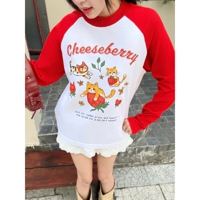 TheGlam CHÍNH HÃNG - Áo Thun Tay Dài Raglan UNISEX “Cheeseberry” Màu Trắng/Đỏ - TS05-19