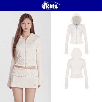 Áo khoác nữ ôm phối chun nhún DKMV dáng ngắn có mũ thun rib mịn màng logo cá đáng yêu màu kem Blair Set | K-SET21-AK-K