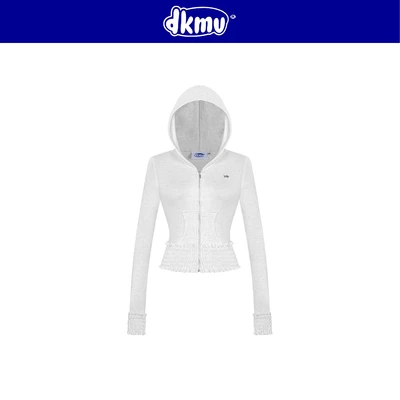 Áo khoác nữ có mũ form ôm croptop DKMV hoạ tiết nhún chun thun rib mềm mại logo cá màu xám Blair Set | K-SET21-AK-X