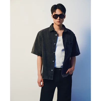 Eleven - Áo Sơ Mi Denim Unisex Nam Nữ Khoá Gài Tay Ngắn | Màu Xám Đen