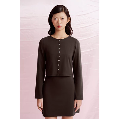 LIBÉ WORKSHOP - Áo cardigan tay dài dáng lửng màu nâu 7416