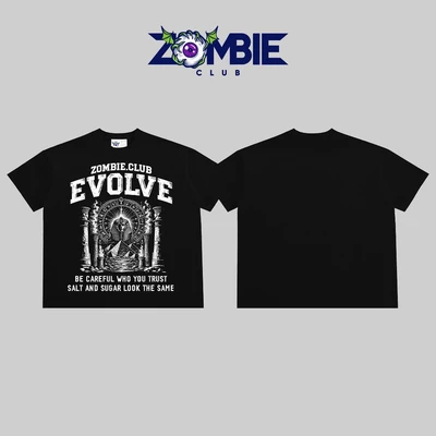 Áo thun boxy, zombie club,EVOLVE Ai Cập Font chữ in nổi, form rộng,couple unisex, cotton 2 chiều 250gsm