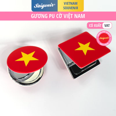 Gương gấp bọc da PU cao cấp in hình lá cờ đỏ sao vàng Việt Nam Hình Tròn và Vuông