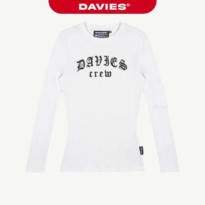 Áo thun nữ ôm body dài tay DAVIES hình in chữ sắc nét tay phối túi chất thun rip lụa mịn màu trắng Grave Top | D-T50-T
