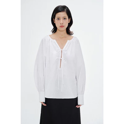LIBÉ WORKSHOP - Áo linen kiểu tay dài thắt nơ dáng suông màu trắng 7480