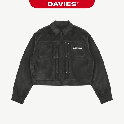 Áo khoác nỉ lông form ngắn nam nữ DAVIES hình thêu da phối hoạ tiết đính nút bạc màu đen Skirmish Jacket |D-AK21-NI