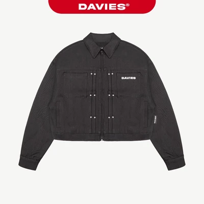 Áo khoác croptop nam nữ chất kaki DAVIES hoạ tiết hình thêu da đính nút kim loại cổ bẻ màu đen Skirmish Jacket|D-AK21-KK