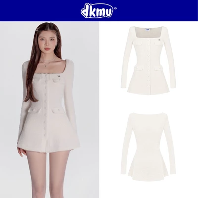 Đầm dài tay cổ vuông dáng xòe nhẹ DKMV thiết kế nắp túi nút bọc vải chất len lông thỏ màu kem Claire Dress | K-D50-K