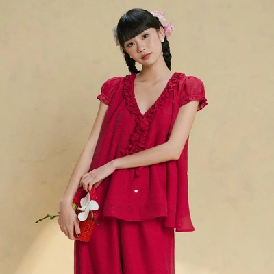 DOTTIE - Áo cổ tim trang trí bèo - T1178