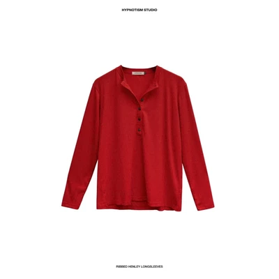 HYPNOTISM | RIBBED HENLEY in Red - Áo thun gân unisex tay dài