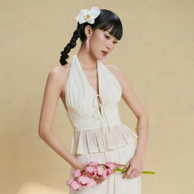 DOTTIE - Áo kiểu hở lưng nhún eo - Trắng kem - T1181