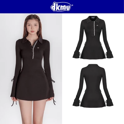 Đầm đen tay dài cổ polo dáng ngắn DKMV hàng cúc đính dây ren đáng yêu tay loe phối nơ kiêu kỳ Jina Dress | K-D39-D