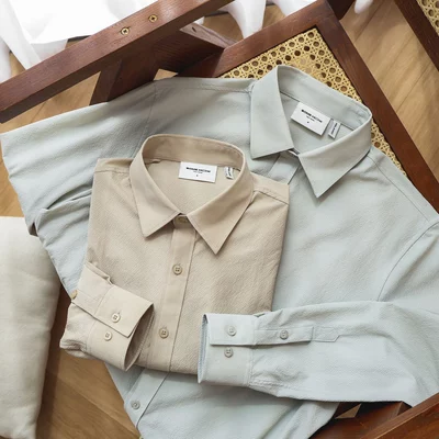 [N] Áo Sơ Mi Relaxed Beige Gray Vải Poly Spandex Thoải Mái Thanh Lịch Phóng Khoáng, SM0213 SOME HOW STORE