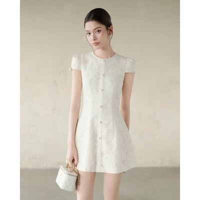 RUBIES London Dress - Đầm Ngắn Nữ Vải Ren Hoa Dáng Chữ A Tay Ngắn Cổ Tròn