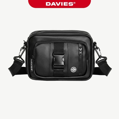 Túi da đeo chéo nam nữ hiphop DAVIES nhiều ngăn kéo tiện dụng phối khoá cài màu đen Signature D-Pocket | D-B71
