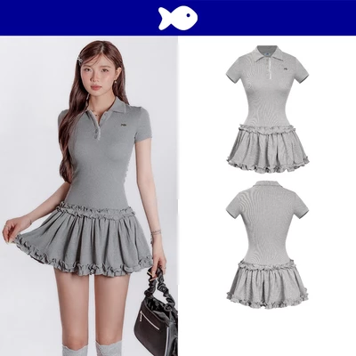 Đầm polo nữ tay ngắn dáng xòe DKMV hoạ tiết phối viền bèo hàng cúc đính ren điệu đà màu xám Bomie Dress | K-D22-X