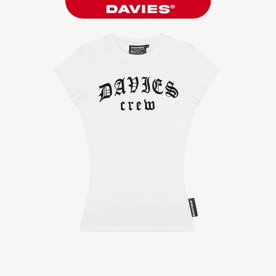 Áo thun nữ form ôm body dáng dài DAVIES cổ tròn thiết kế hình in chữ thun rip lụa màu trắng Gothic Crew Top | D-T47-T