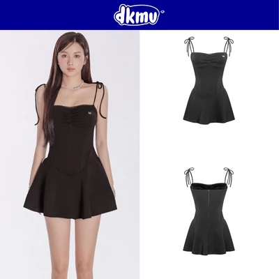 Đầm 2 dây đen form corset dáng xoè DKMV vai thắt nơ đáng yêu thiết kế nhún ngực viền ren xinh xắn Julie Dress | K-D47-D