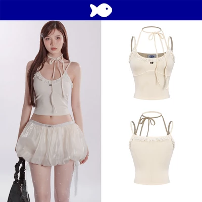 Áo 2 dây nữ kiểu phối ren cổ tròn DKMV dây thắt nơ mang được nhiều kiểu màu kem thiết kế logo Cá inox Bambi Top| K-T35-K