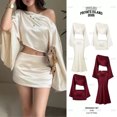 FFCLUB - Set Áo lụa form Crop trễ vai CROISSANT đi kèm chân váy Lụa 2 lớp Set dự tiệc