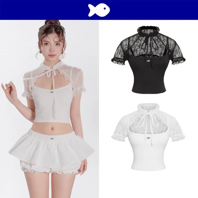 Áo kiểu nữ hai dây kèm áo khoác ren DKMV tay bồng phối bèo cổ cao thắt dây nơ đáng yêu Lace Layering Top | K-T39