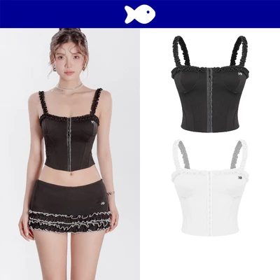Áo kiểu nữ hai dây quai bèo corset DKMV dáng croptop cúp ngực đính logo cá inox kiêu kỳ ôm dáng Yumi Top | K-T45