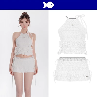 Set đồ nữ áo yếm và chân váy ngắn DKMV thun ren hoa cúc thắt dây nơ điệu đà đính logo cá đáng yêu Eun Bi Set | K-SET12