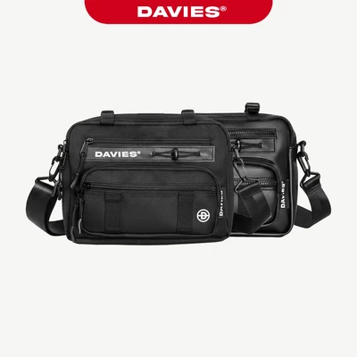 Túi đeo chéo hiphop nam nữ DAVIES chất liệu da, canvas nhiều ngăn kéo phối khoá bấm bền chắc màu đen Cyber-Core Pocket