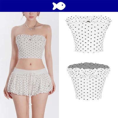 Áo ống nữ croptop hoạ tiết trái tim DKMV thiết kế phối bèo nhún điệu đà logo cá inox xinh xắn Mimi Set | K-SET14-T