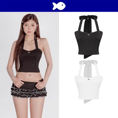 Áo croptop nữ cổ yếm dáng cúp ngực DKMV thiết kế viền phối ren điệu đà dây cột nơ đính logo cá inox Alice Top | K-T51