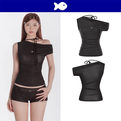 Áo lệch vai đen nhún eo nữ DKMV thiết kế dây nơ cổ xinh xắn chất liệu xuyên thấu co giãn ôm dáng Allis Top | K-T48-D