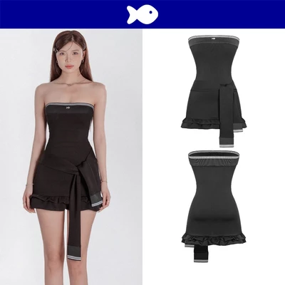 Đầm cúp ngực đen phối viền trắng DKMV dáng đuôi cá ngắn xếp tầng thiết kế tay áo giả vắt chéo Kelly Dress | K-D41-D