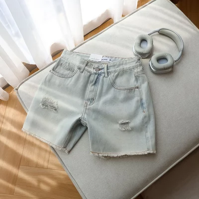 [N] Quần Short Straight Jean Distress Bright Wash V1 Cotton Thoáng Mát Năng Động Phóng Khoáng, QS0127 SOME HOW STORE