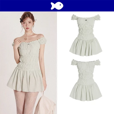 Váy trễ vai tay bồng ngắn xanh bơ DKMV kèm quấn bí họa tiết sọc nhí đáng yêu dáng xòe Sugarplum Dress |K-D10-K
