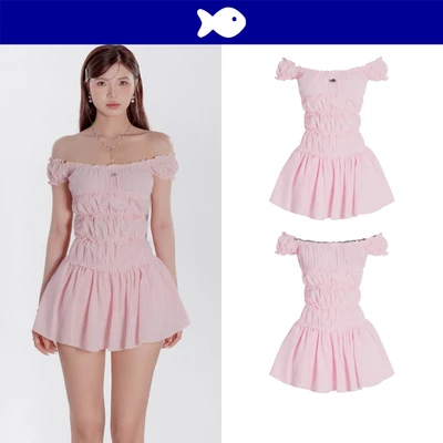 Váy hồng trễ vai họa tiết sọc nhí DKMV kèm quần bí đáng yêu xòe dáng ngắn tay bồng Sugarplum Dress |K-D10-H