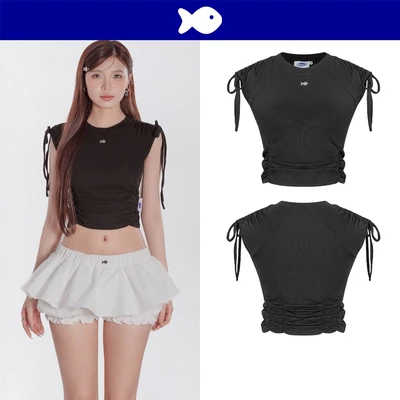 Áo kiểu nữ dáng croptop DKMV form cột nơ vai áo phối hoạ tiết nhún eo điệu đà màu đen Kaytlyn Tops | K-T1