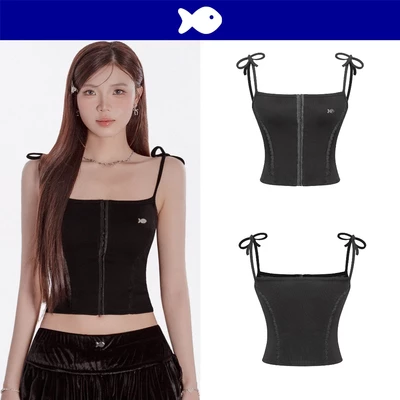 Áo 2 dây đen corset croptop phối ren DKMV đính logo cá inox điệu đà cột nơ vai thun 2 da ôm sát Angel Top | K-T50-D