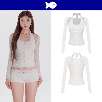 Áo kiểu xinh kèm áo khoác ren DKMV thiết kế cột nơ hở lưng phối ren đính cúc ngọc trai tinh tế trắng Byeol Top | K-T44-T