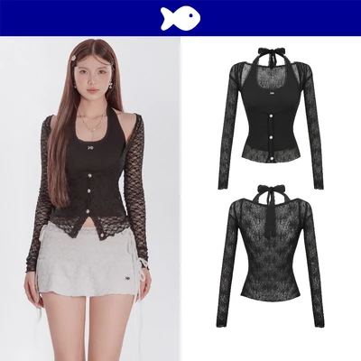 Set áo kiểu nữ xinh DKMV cổ yếm hở lưng kèm khoác ren nút cài ôm dáng đính cúc ngọc trai xinh xắn đen Byeol Top| K-T44-D
