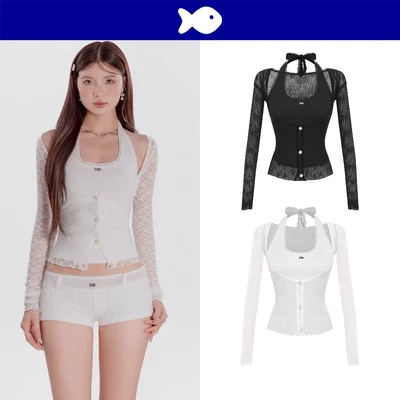 Set áo cổ yếm kèm áo khoác ren DKMV cổ thắt dây nơ xinh xắn áo ren ôm dáng đính cúc ngọc trai tinh tế Byeol Top | K-T44