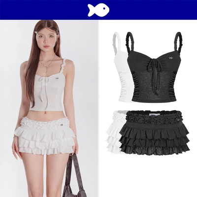Set đồ nữ áo hai dây và chân váy DKMV thiết kế phối bèo nhún thắt dây nơ thun cát co giãn mềm mại Jisoo Set | K-SET13