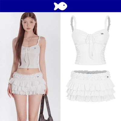 Set váy áo hai dây đáng yêu DKMV chi tiết phối bèo nhún eo dây thắt nơ điệu đà thun cát màu trắng Jisoo Set | K-SET13-T