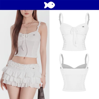 Áo kiểu nữ hai dây dáng croptop DKMV phối bèo nhún eo đính logo inox thắt dây nơ xinh màu trắng Jisoo Set | K-SET13-T-T
