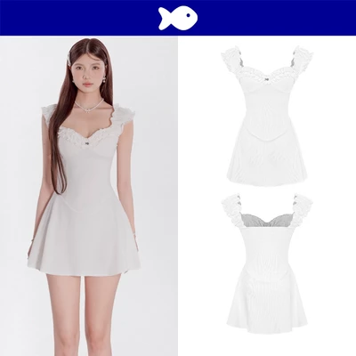 Đầm 2 dây ngắn bản to nhún bèo DKMV dáng cúp ngực phối viền form váy xòe thướt tha đính logo cá Ha Rin Dress | K-D27
