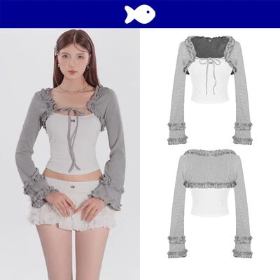 Set áo 2 dây kèm áo khoác tay loe DKMV phối viền bèo nhún điệu đà dây thắt nơ đáng yêu thun co giãn Aera Top | K-T41