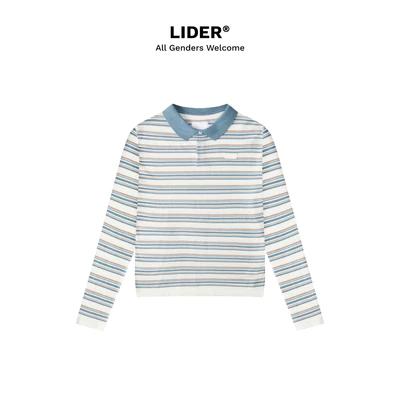 Áo Polo len Dệt Kẻ Sọc Tay Dài Unisex LIDER DEEPSENSE KNIT POLO SHIRT - Stripe Sky