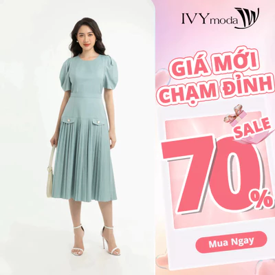 Đầm xòe hạ eo xếp ly nữ IVY moda MS 48M7565
