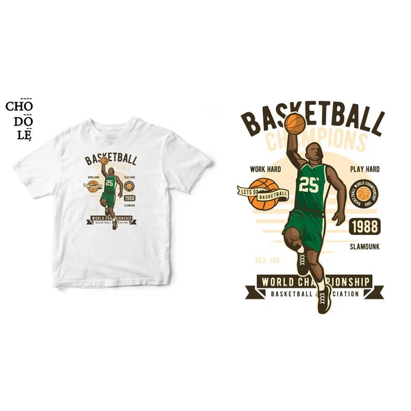 Áo thun ngắn tay unisex Chodole cho cả nam và nữ, chất liệu vải cotton in cotton 100% in hình Basketball, Champion.