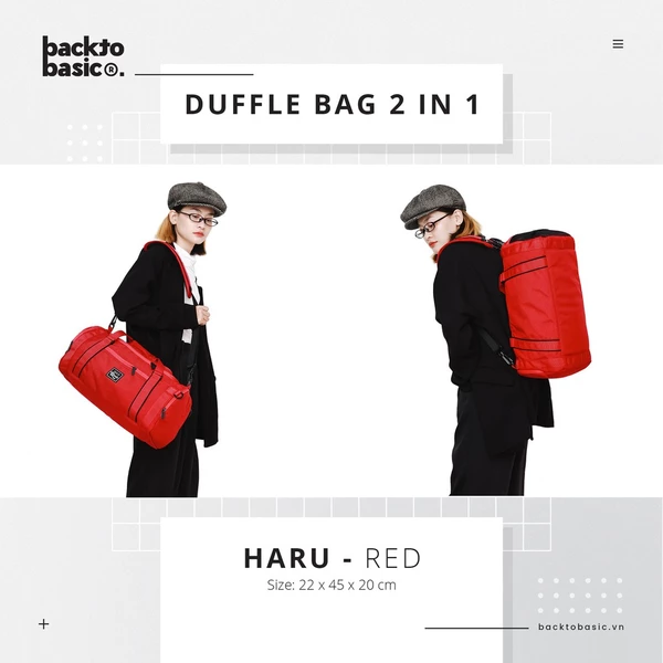 Túi trống kết hợp balo du lịch Back To Basic - HARU RED có ngăn để giày, chống thấm tốt