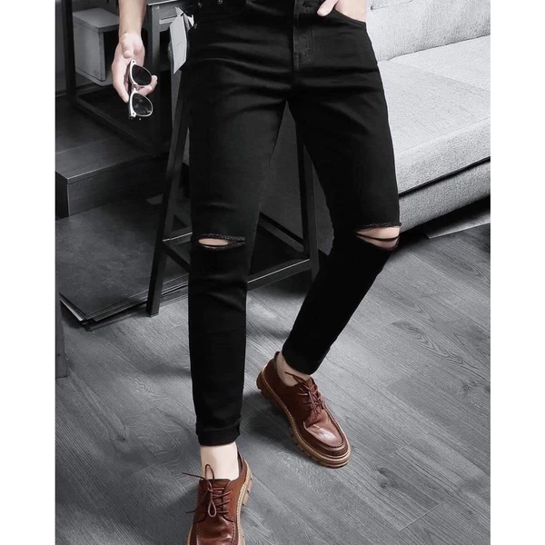 Quần jean nam quần bò màu đen rách hai gối thời trang cá tính dễ phối đồ chất jean bò co dãn thoải mái vận động ms50